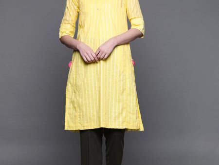 Biba Women Yellow Striped Straight Kurta Sale