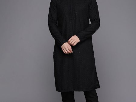 Manyavar Men Black Mandarin Collar Kurta Set Hot on Sale