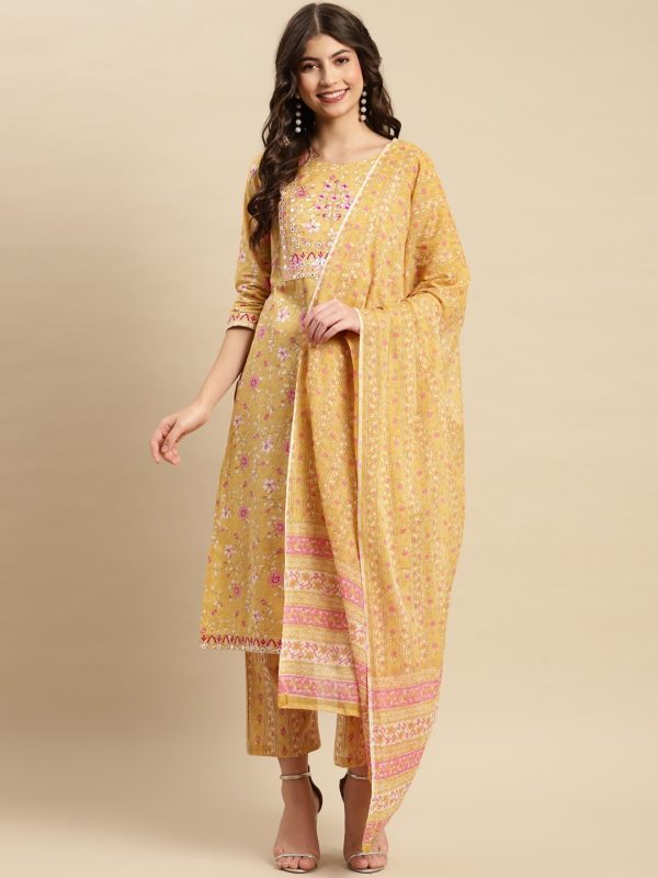 Sangria Yellow & Pink Floral Printed Pure-Cotton Straight Kurta With Trouser & Dupatta Online now