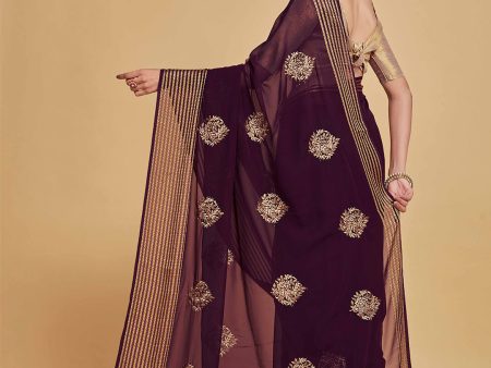 Sangria Coffee Brown Ethnic Motifs Embroidered Zari Pure Georgette Saree Hot on Sale