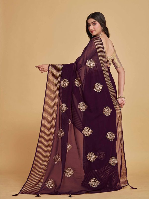 Sangria Coffee Brown Ethnic Motifs Embroidered Zari Pure Georgette Saree Hot on Sale