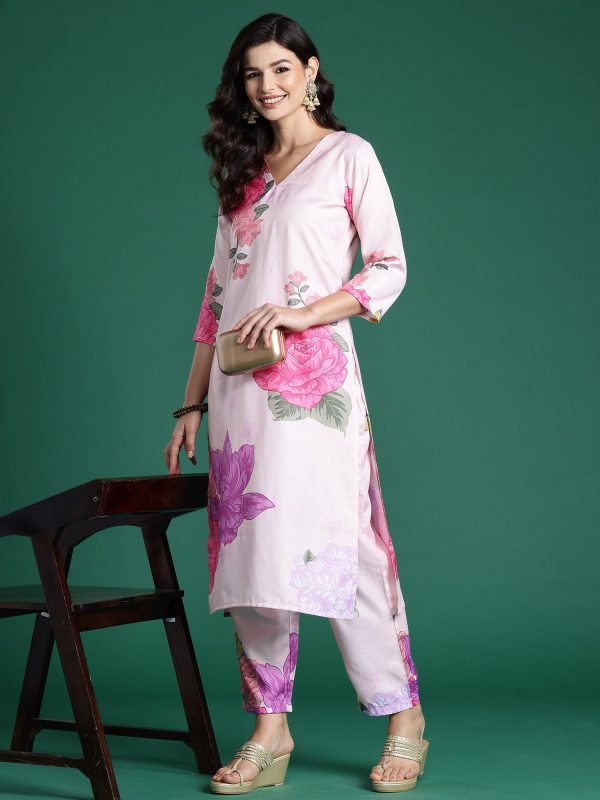 Women Peach Printed Straight Kurta Trousers Set - Taantav Discount