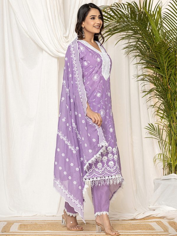 Women Lavender Embroidered Straight Kurta Trousers Set - Taantav For Discount