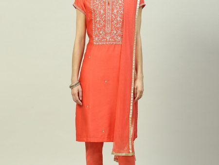 Biba Embroidered Yoke Design Kurta With Trousers & Dupatta For Discount