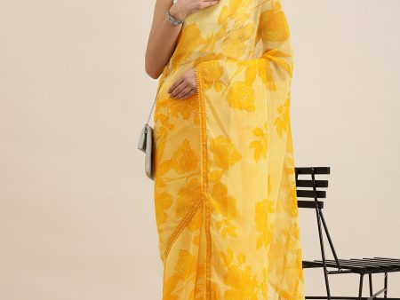 Sangria Yellow Floral Pure Chiffon Saree For Cheap