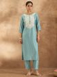 Women Blue Embroidered Straight Kurta Trousers Set - Taantav Discount