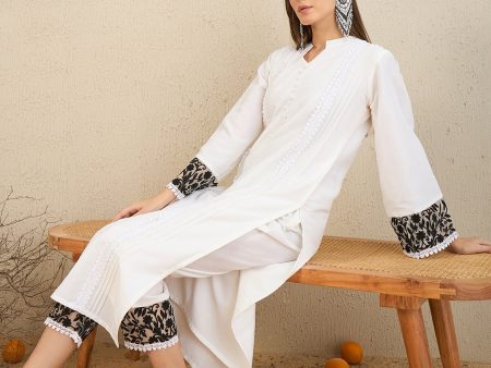 Women White Embroidered Straight Kurta Trousers Set - Taantav Fashion