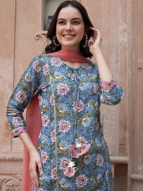 Sangria Blue Floral Printed Gotta Patti Pure Cotton Kurta with Trousers & Dupatta Sale