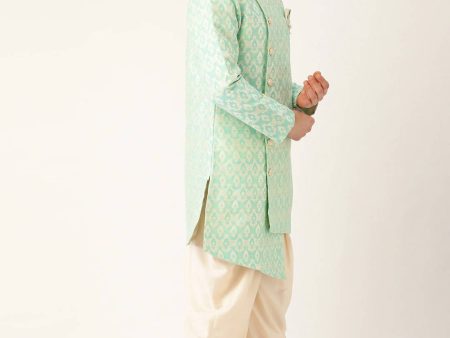 Manyavar Men Green & Off-White Jacquard Angrakha Kurta with Patiala on Sale