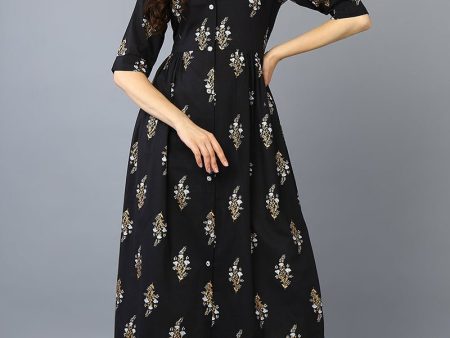 Ahika Black Cotton Ethnic Motifs Flared Kurta Sale