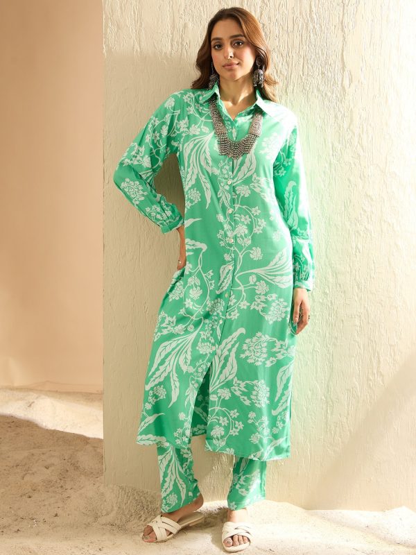 Women Green Printed Straight Kurta Trousers Set - Taantav Hot on Sale