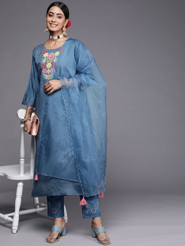 Women Blue Embroidered Straight Kurta Trousers With Dupatta Set - Taantav Online now