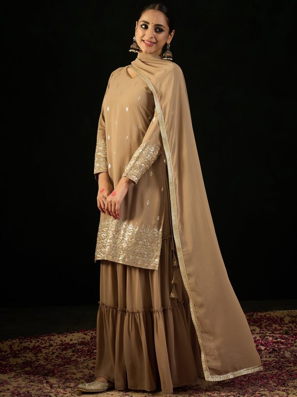 Women Beige Embroidered Straight Kurta Sharara With Dupatta Set - Taantav Online Sale