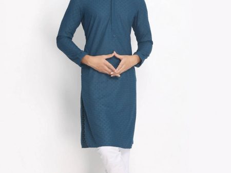 Manyavar Men Blue & White Solid Kurta with Pyjamas on Sale