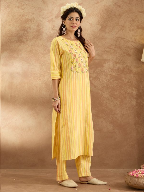 Women Mustard Embroidered Straight Kurta Trousers Set - Taantav Fashion