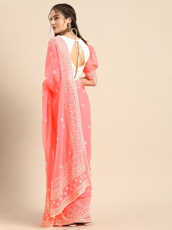 Sangria Pink Chikankari Embroidered Pure Georgette Saree Online Sale