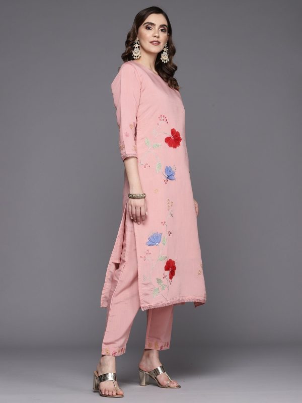 Women Pink Embroidered Straight Kurta Trousers With Dupatta Set - Taantav Discount