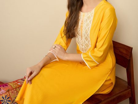 Women Yellow Embroidered Straight Kurta Trousers Set - Taantav Hot on Sale