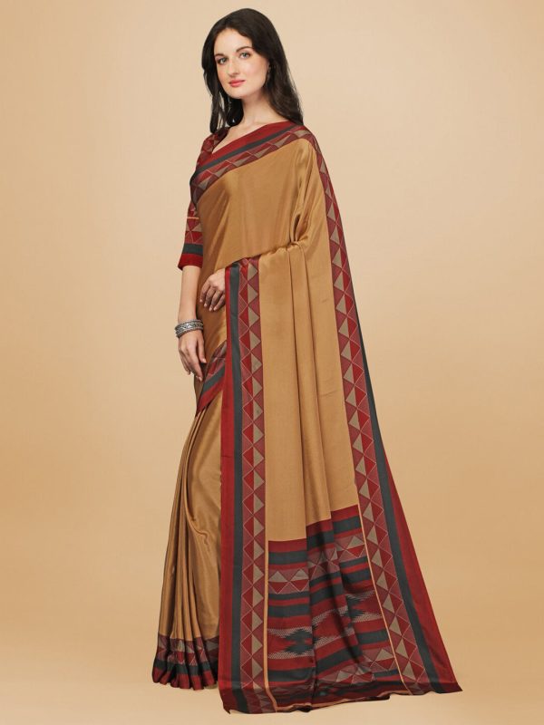 Sangria Beige & Red Pure Crepe Saree For Discount