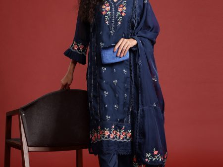 Women Navy Blue Embroidered Straight Kurta Trousers With Dupatta Set - Taantav Online now