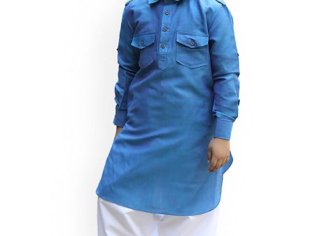 Manyavar Boys Blue Solid Cotton Blend Kurta Set on Sale