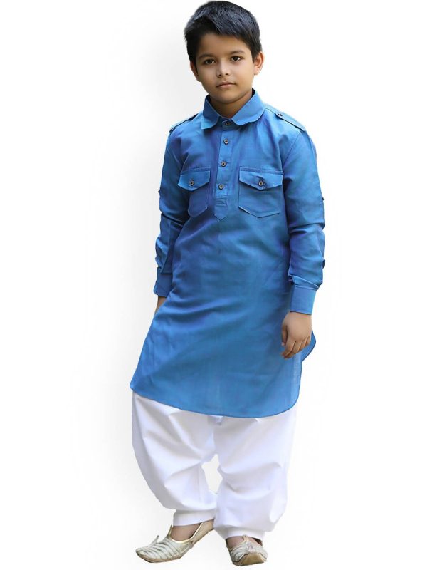 Manyavar Boys Blue Solid Cotton Blend Kurta Set on Sale