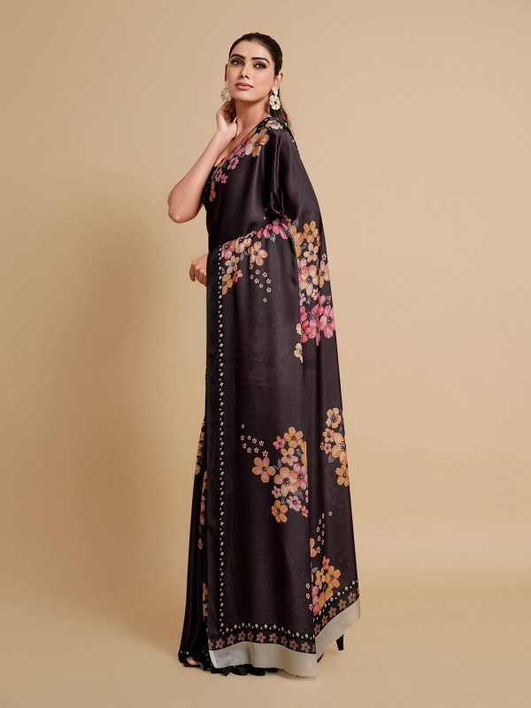 Sangria Black & Burgundy Floral Zari Satin Saree Fashion