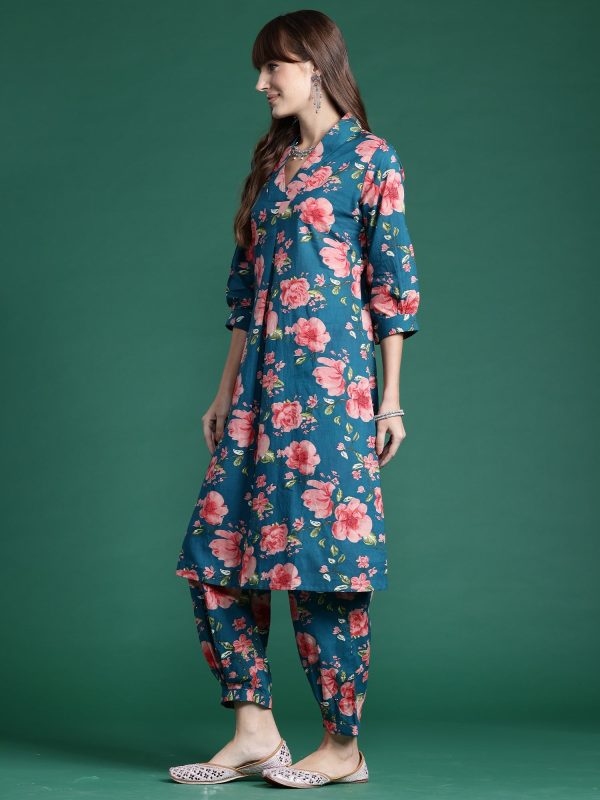 Women Teal Printed A-Line Kurta Trousers Set - Taantav Online now