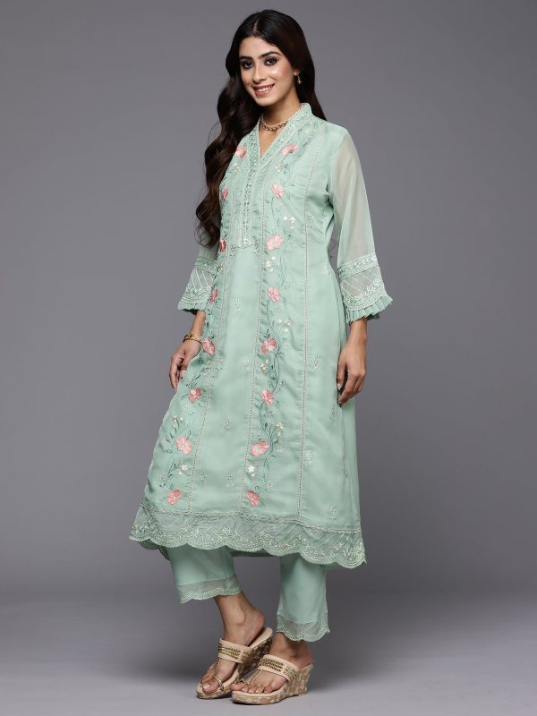 Women Sea Green Embroidered Straight Kurta Trousers With Dupatta Set - Taantav Online now