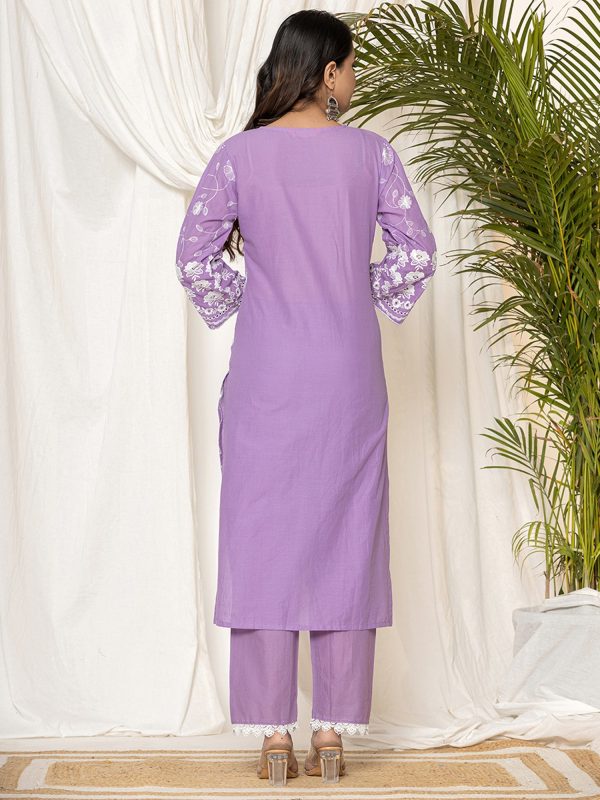 Women Lavender Embroidered Straight Kurta Trousers Set - Taantav For Discount