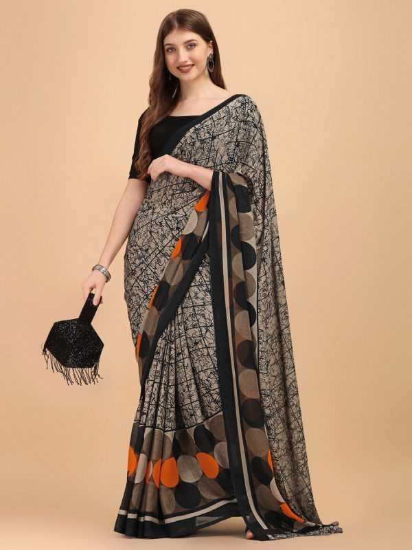 Sangria Black & Beige Pure Georgette Saree Fashion