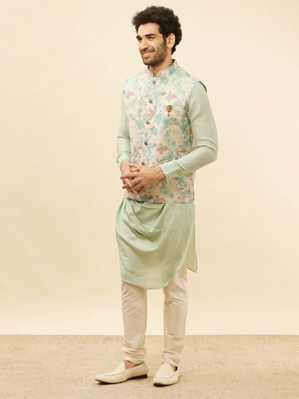 Manyavar Floral Printed Regular Kurta and Trousers With Nehru Jacket on Sale