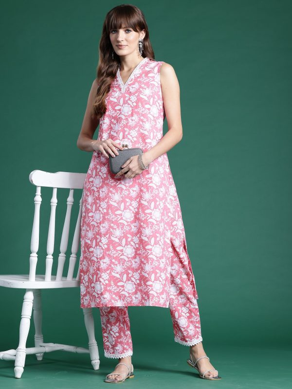 Women Pink Printed Straight Kurta Trousers Set - Taantav Hot on Sale