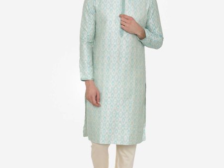 Manyavar Men Turquoise Blue Self Design Kurta with Churidar For Discount