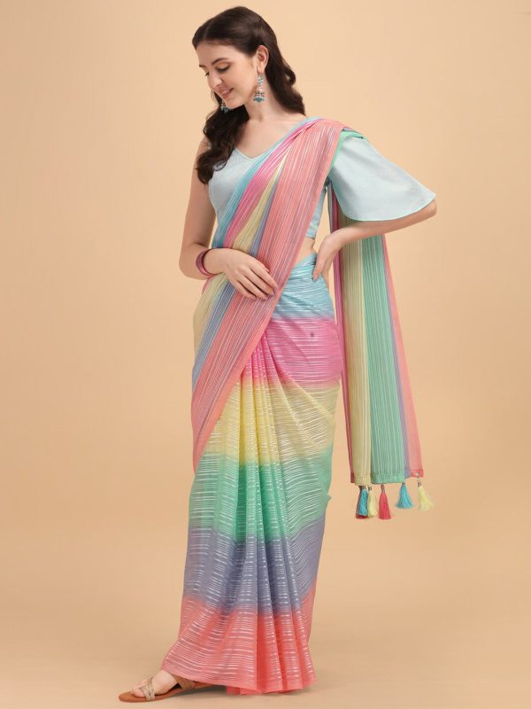 Sangria Blue & Pink Georgette Striped Zari Work Saree For Discount