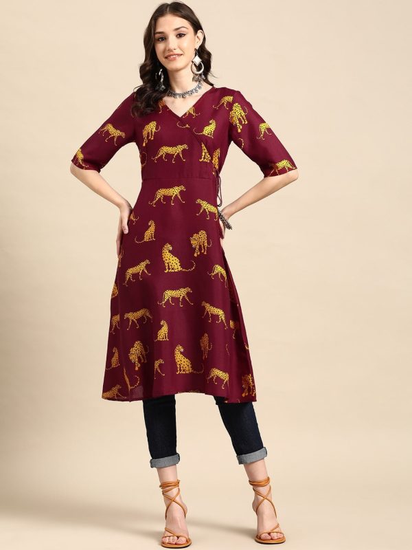 Sangria Animal Print Angrakha Kurta Cheap