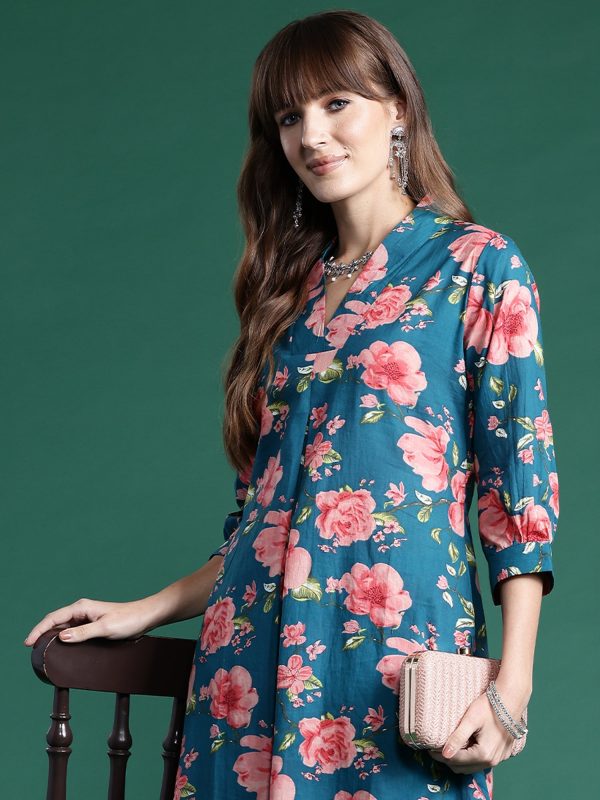 Women Teal Printed A-Line Kurta Trousers Set - Taantav Online now