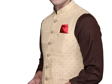 Manyavar Beige Jacquard Print Stylish Nehru Jacket for Men Hot on Sale