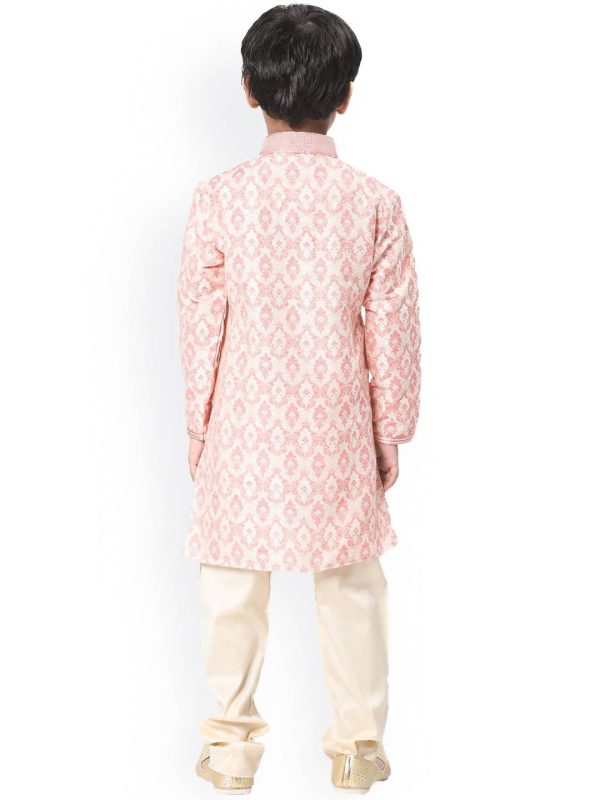 Manyavar Boys Coral & White Ethnic Motifs Angrakha Kurta with Pyjamas Cheap