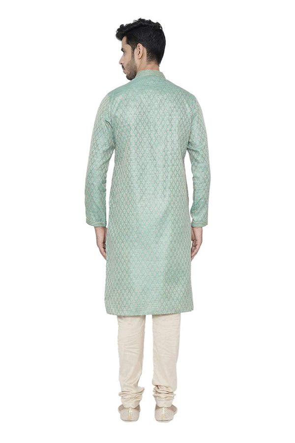 Manyavar Firoz Green Knee Long Full Sleeves Kurta and Payjama Set For Men Hot on Sale