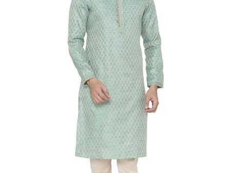 Manyavar Firoz Green Knee Long Full Sleeves Kurta and Payjama Set For Men Hot on Sale