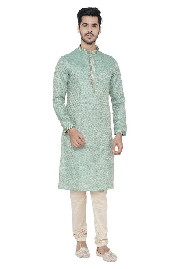 Manyavar Firoz Green Knee Long Full Sleeves Kurta and Payjama Set For Men Hot on Sale