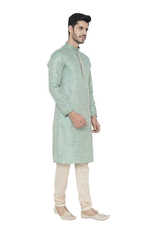 Manyavar Firoz Green Knee Long Full Sleeves Kurta and Payjama Set For Men Hot on Sale