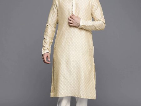 Manyavar Men Beige Ethnic Motifs Regular Thread Work Art Silk Jacquard Kurta with Churidar Online Sale